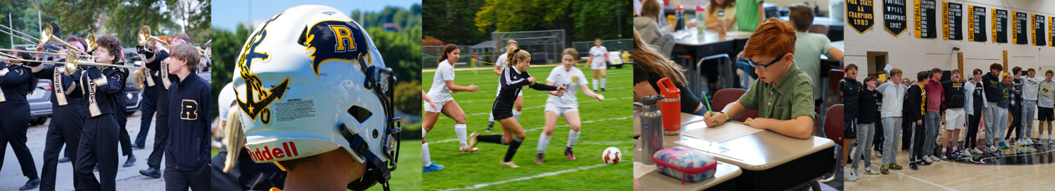 From left to right: Students in Riverview Band, football, soccer, a learning environment, and camaraderie