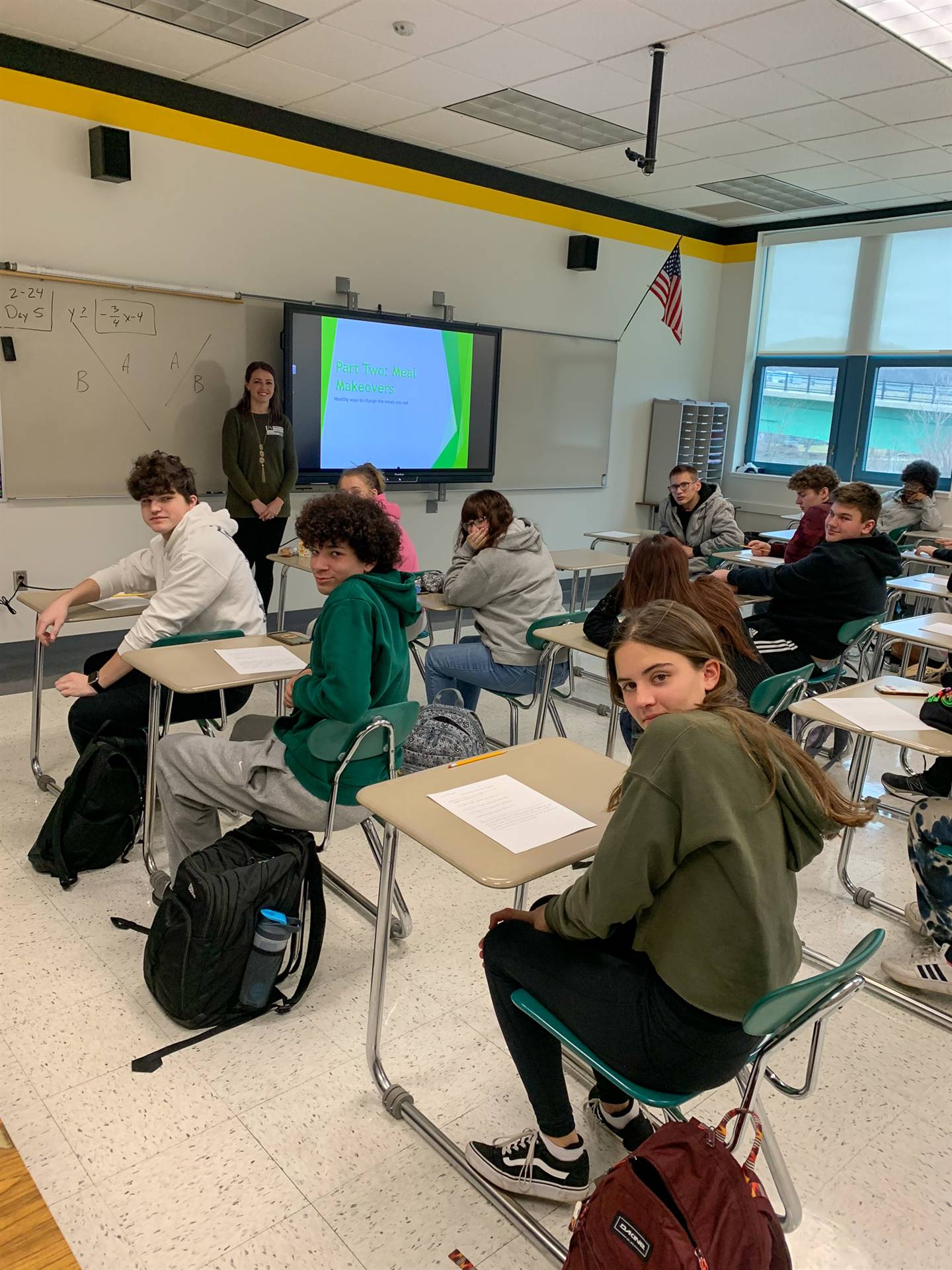 Students hearing a lecture from a dietician in class at Riverview Jr-Sr High School